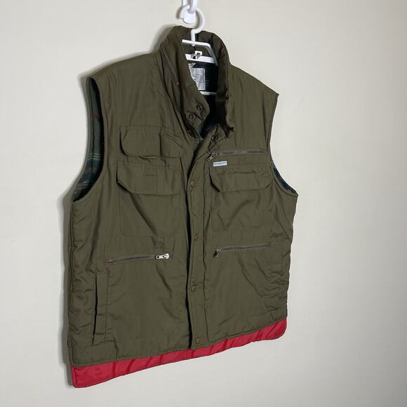 Vtg Windbreaker Army Green Flannel Lined Hunting Field Vest Packable Hood 80s L - Picture 4 of 10